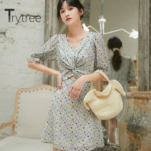 Trytree 2020 Summer Woman Casual Dress V-neck Prints High Waist Dress Fashion Temperament Elegant A-line Green Mini Dress