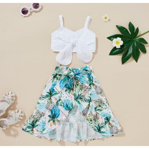 Summer Children Girls Clothes Set White Solid Color V-neck Camisole and Printed Pattern Irregular Hem Long Skirt for 2-7 Years