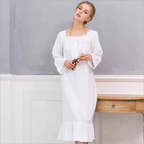 Spring Autumn Female Sweety Lace Lovely Sleepshirt Ladies 100% Cotton Long Nightgown Women Long sleeve Square collar sleepshirt