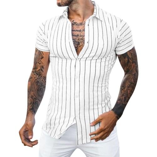 Fashion Slim Fit Dress Shirt For Men Spring Summer Men Clothing Casual Slim Whit Striped Short Sleeve Shirts Vintage Top Blouse