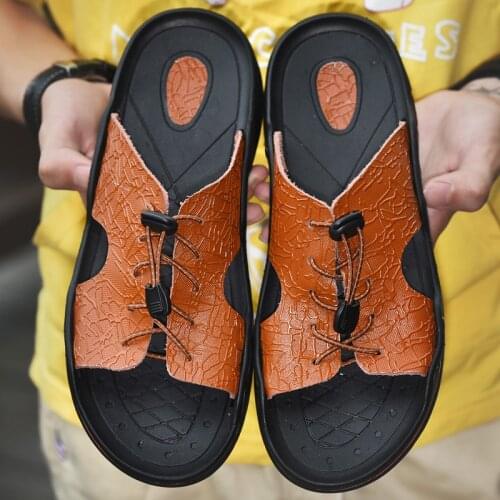 Men sandals genuine leather beach summer slippers handmade designer 39 casual flip flops fashion Quality mens outdoor non-slip