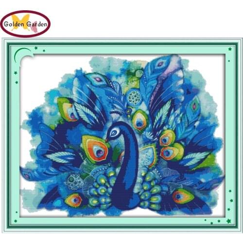 GG Blue Peacocks Cross Stitch Pattern Handmade Craft Needlework Embroidery Kit Joy Sunday Animal Cross Stitch Set for Home Decor