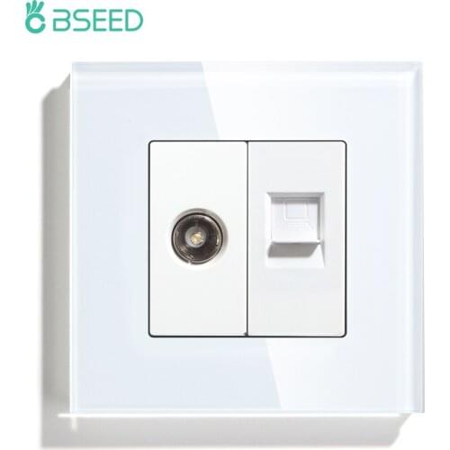 BSEED EU Standard TV Wall Sockets CAT5 Power Outlet For Computer Network RJ45 Crystal Glass Panel 86*86mm White Black Golden