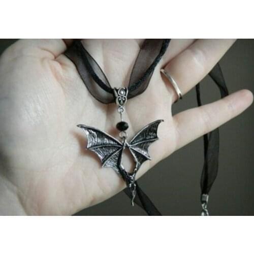 Halloween Flying Vampire Bat Necklace,Black Ribbon,Gothic Vampire Spooky Jewelry Women Jewelry,Dark Style,gift for Bat Lover