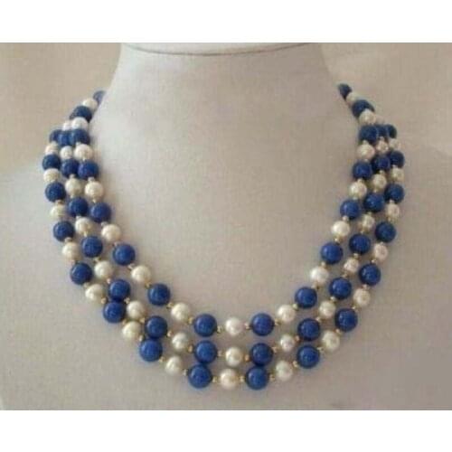 Fashion 3 rows natural white 7-8mm pearl blue 8mm lapis lazuli round beads necklace for women free shipping 17-19inch BV357