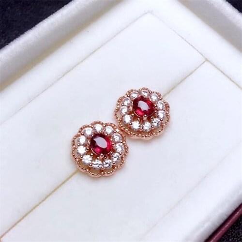 Luxury Crystal Full Stone Stud Earrings Oval Red Zircon Flower Earrings Vintage Fashion Rose Gold Engagement Earrings For Women