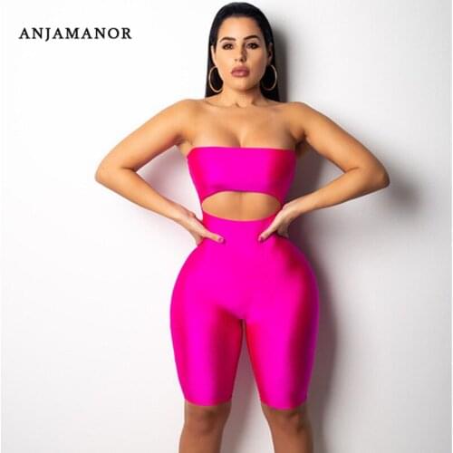 Front Cutout Stretch Pink Romper Sexy Costumes One Piece Bodycon Jumpsuit Strapless Off Shoulder Hollow Clubwear Outfit