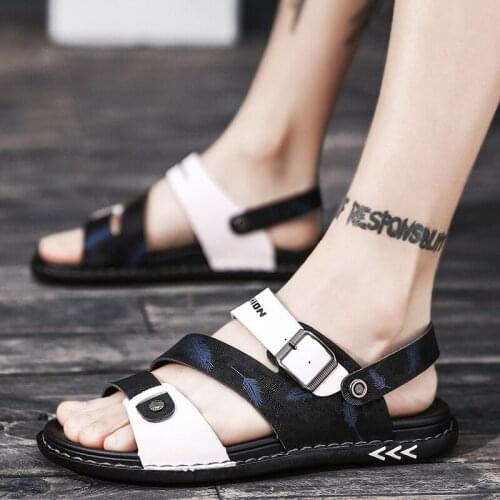 Summer Mens Leather Sandals Crocse Outdoor Dual-Use Slip Soft Bottom Sandals Driving Slippers Comfort Breathable Ankle-Wrap EVA