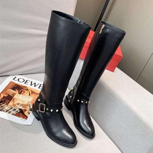 Women Long Short Motorcycle Boots Genuine Leather Knee High Round Toe Buckle Strap Rivets Fashion Solid Black Autumn Flat Shoes