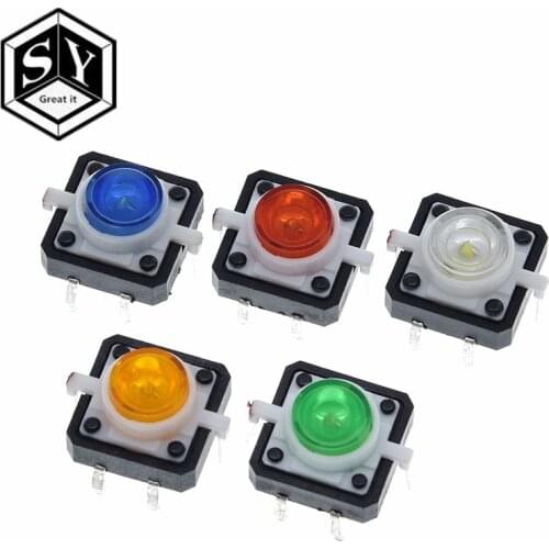 GREAT IT 5PCS 12X12 Tactile Push Button Switch Momentary Tact LED Red Green Blue Yellow White 12*12*7.3mm