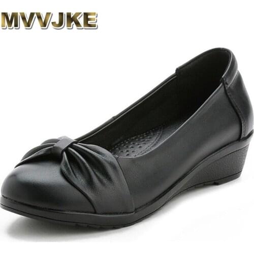 MVVJKE Genuine Leather Slip On Casual Shoes Women Pumps Concise Black Bowknot Low Heels Wedge Shoes Round Toe Mother ShoesE169