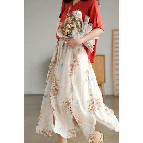 Summer Skirts Women Mori Girl Style Printed Loose Furcal Elastic Waist Female Fashion Mid-Calf Length A-Line Skirt Ramie
