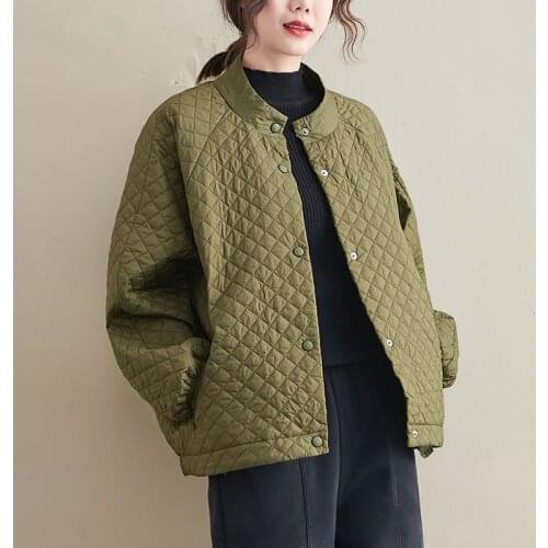 Women Loose Casual Quilted Jackets New 2020 Autumn Winter Vintage Simple Style Stand Collar Loose Female Outerwear Coats S2762