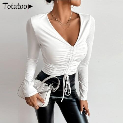 Totatoop Autumn Winter Thick White T Shirts Women 2021 Drawstring V Neck Long Sleeve Skinny Cropped Tops Basic White Tee Tops