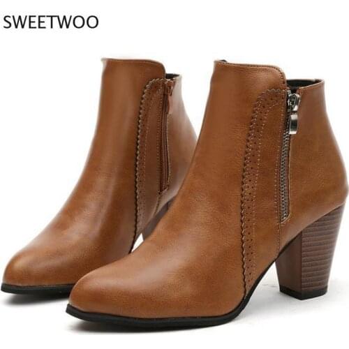 Women Ankle Boots Fashion PU leather Boots High heel 8cm Ladies shoes Side Zipper Short Boots for Women Shoes