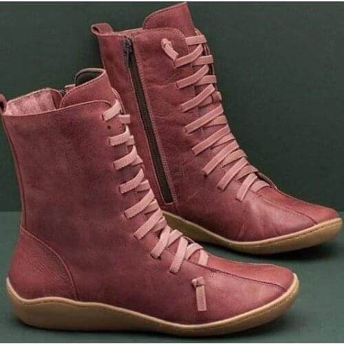 New Autumn Vintage Zipper Lace Up Calf Boots Ladies Retro Leather Shoes Woman High Top Shoes Womens Female Fashion Footwear