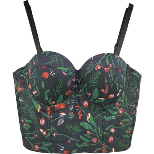 Floral Corset Tops White Short Bustiers Strap Crop Top Bodice Shirt Holiday Outfit Women Party Clothing Green