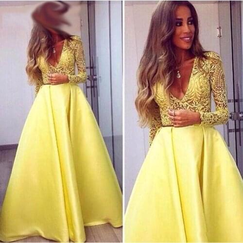 Yellow Sexy V-neck A-line Prom Gown Long Sleeves Prom Dress Lace Party Dresses vestido de festa Chic Wedding Party Dress