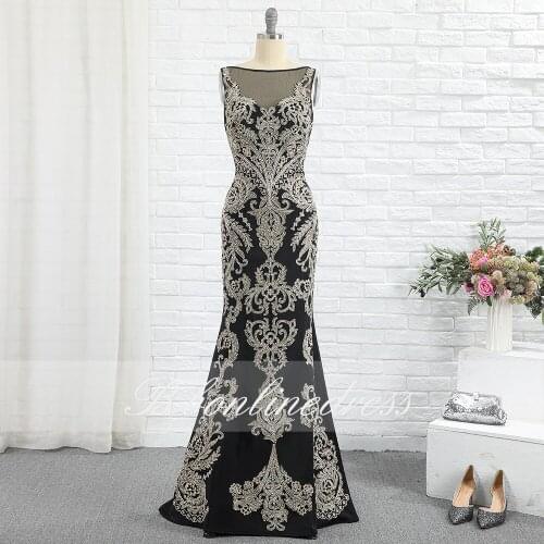 Sexy Black Mermaid Prom Dress 2020 Crew Neck Appliques Beaded Transparent Long Prom Dress Formal Gowns Party Dress vestidos