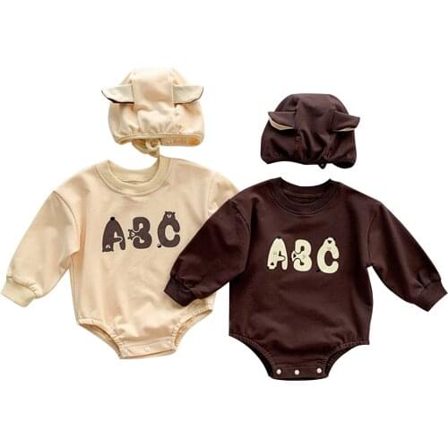 Wallarenear 0-24M Newborn Infant Baby Boy Girl Hat Bodysuit 2Pcs Set Long Sleeve Printed O-Neck Jumpsuit Fashion Clothing