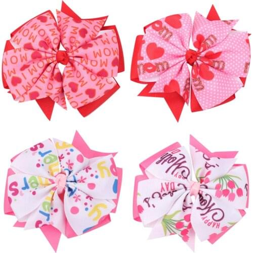 4 IN Mothers Day Big Cheer Hair Bow Pinwheel Hair Clips for Girls Kids Stack Letters Flower Hair Bows Hairpins Hair Accessories