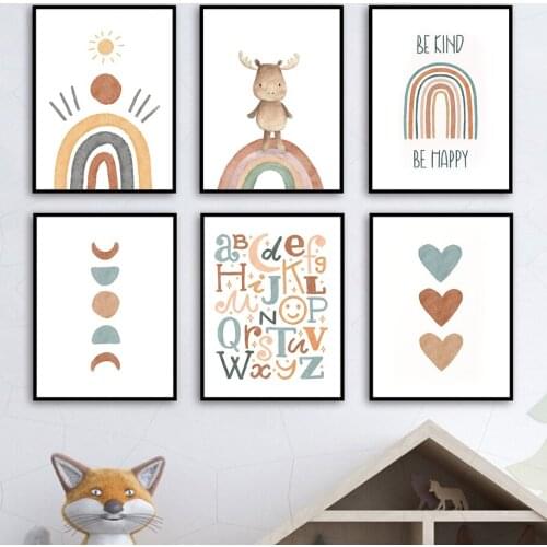 Alphabet Rainbow Gate Deer Sun Moon Heart Canvas Painting Cartoon Wall Art Poster Nursery Baby Kids Room Decor Picture Frameless