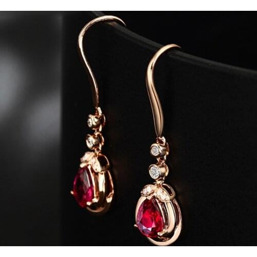 BLACK ANGEL Rose Gold Fashion Rubellite Red Tourmaline Gemstone Long Dangle Earrings For Women Wedding Jewelry Christmas Gift