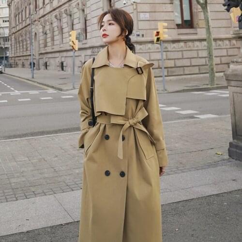 Spring Autumn Double Breasted Trench Coat For Women Korean Long Over The Knee Khaki Lady Windbreaker With Belt Casacos Feminino