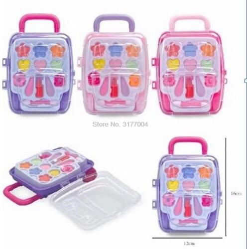 DHL 50pcs Childrens Cosmetics Princess Makeup Box Trolley Case Shape Eye Shadow Lipstick Safe Nontoxic Girl Toy Birthday