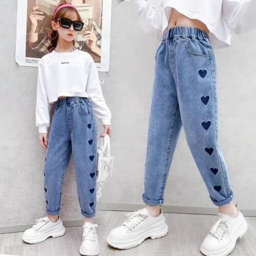 Spring Cowboy Childrens dress 5 6 7 8 9 10 Years Girls Pants Pockets Jeans Letters Embroidered Denim Cargo Pants Student Girls
