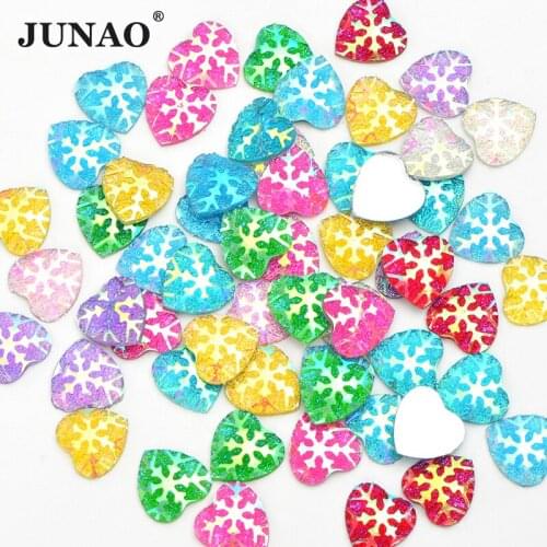 JUNAO 12mm 50pcs Glitter Colorful AB Heart Rhinestone Applique Flatback Resin Crystal Stones Non Sew Diamond Strass for Crafts