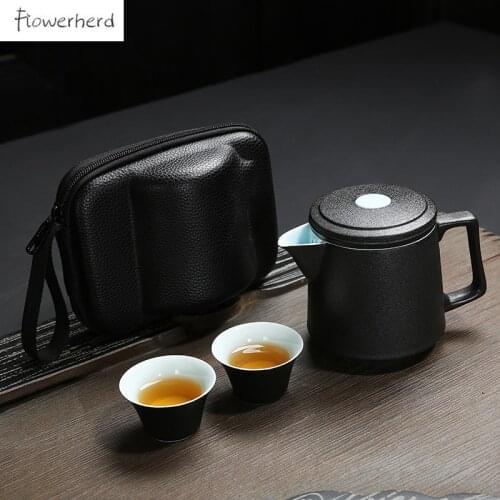 Ceramic Travel Kung Fu Tea Set Teaware One Teapot and Two Teacups Portable Black Pottery Tea Pot and Cup Set Office Tea Set