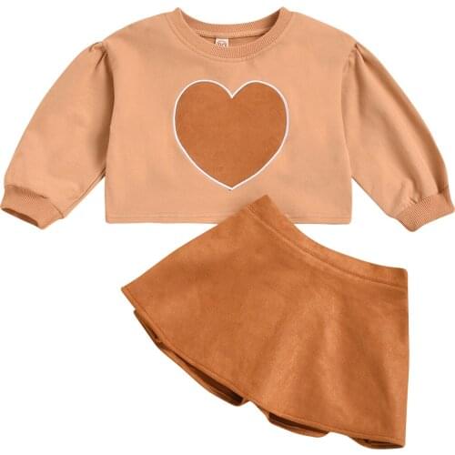 2-7Years Children Girls Clothing Sets Valentines Day Long Sleeve Heart Print Pullover Sweatshirt Top+Mini Skirts Casual Outfits