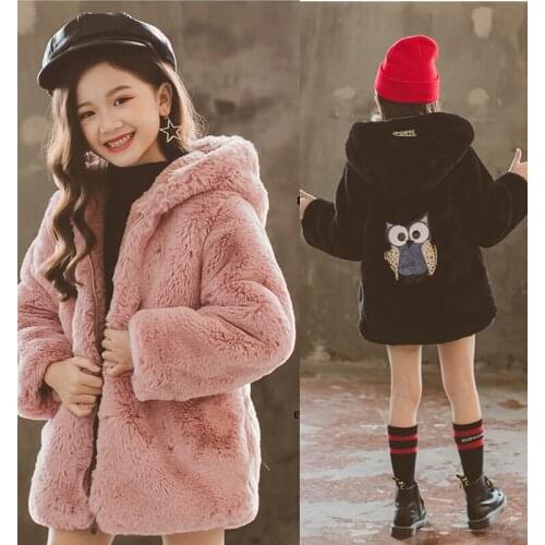 New Winter Teens Girls Fur Coat Faux Kids Woolen Jacket Long Style Hooded 2 4 6 to 8 10 12 Years Children Wool Cotton Blends Out