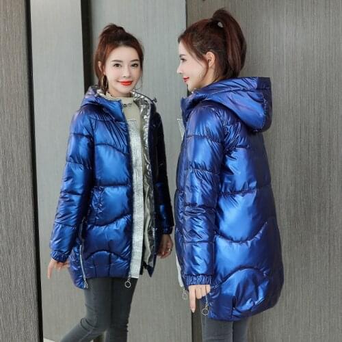 Winter Womens jacket Shiny Parka Bread Coats Down Stand-up collar Padded Stand collar Hooded Loose Bread jacket Mid-length
