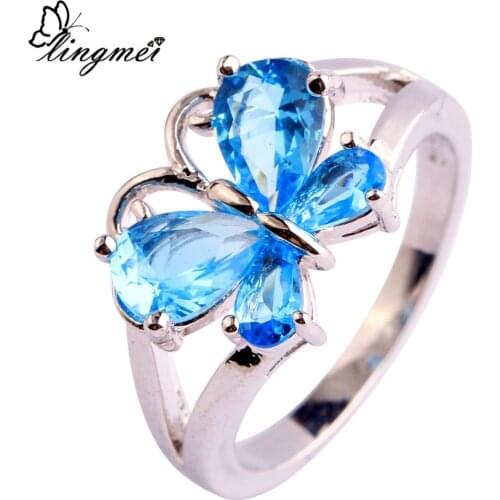 Lingmei Fashion Classic Butterfly Wholesale Shiny Blue & Green Red Zircon Silver Color Ring Size 6-10 11 Pretty Women Jewelry