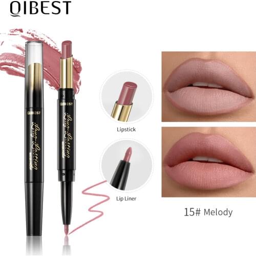 QIBEST 2 In 1 Matte Lipstick Lip Liner Nude Lipliner Makeup Waterproof Lipstick Pen Long Lasting Lip Pencil Makeup Lips Cosmetic