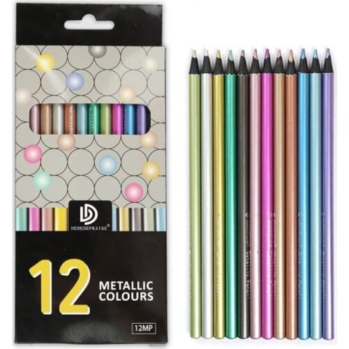 DEDEDEPRAISE Metallic Colored Pencils 12 Colors Black Wood Lapis De Cor Artist Painting Drawing Color Pencil For Art Supplies