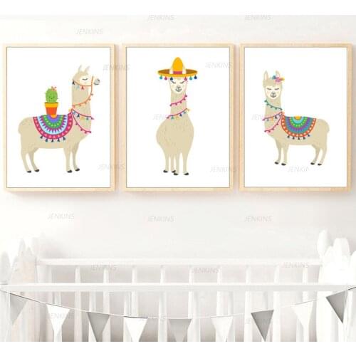 Cartoon Llama Cactus Nursery Wall Art Canvas Painting Nordic Posters and Prints Wall Pictures Baby Kids Room Art Prints Decor Je