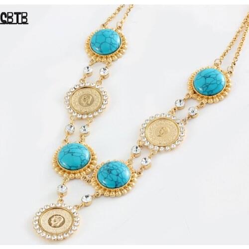 Muslim Sapphire Crystal Coin Pendant Necklace Middle Eastern Women Wedding Banquet Luxury Charm Jewelry Wholesale Never Fading
