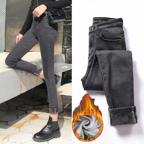 2020 New Women Winter Jeans Velvet Fleeces Inside Thickening Denim Pants High Waist Warm Female Skinny Plus Size Trousers M200