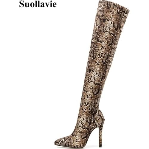 New Winter Women Boots Sexy Serpentine Snake Print Pointed Toe Female Over Knee Heels Plus Size 42 Autumn Shoes Party Heels