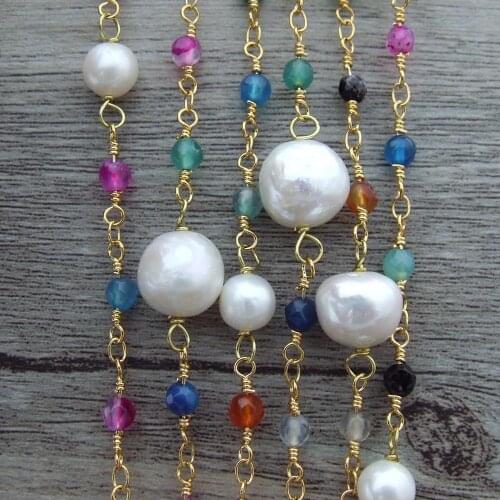 70'' Multi Color Faceted Agates White keshi Pearl Long Necklace sweater chain necklace cute for women