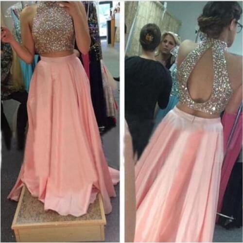 Two Piece Prom Dress 2020 Halter Neck Stunning Beads Open Back Floor Length African Blush Long Formal Evening Party Dress