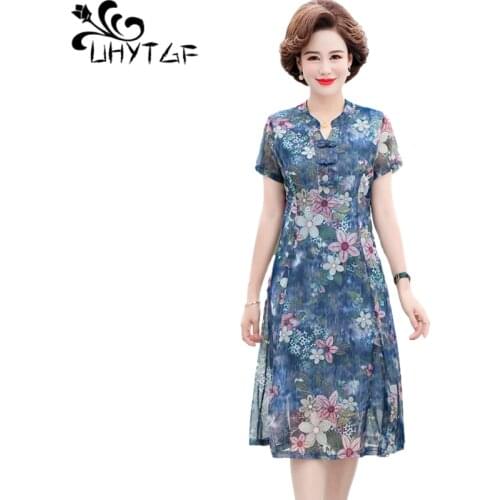 UHYTGF New Mother 5XL Plus Size Dress Fashion Mesh Printing Thin Clothes Elegant Women Dress Vintage Buttons Summer Dresses 1552