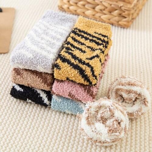 Plush Coral Fleece Floor Socks Women Autumn Winter Cute Zebra Print Thick Warm Soft Elastic Sleeping Socks Xmas New Years Gift