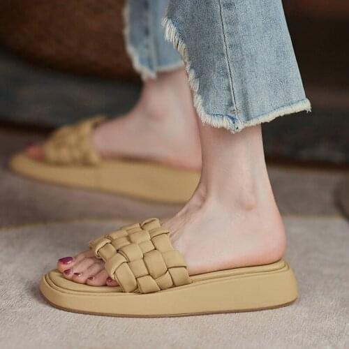 Women Weave Platform Solid Slippers Female Square Toe Summer Slides Ladies Soft Bottom Concise New Casual Fashion Flat