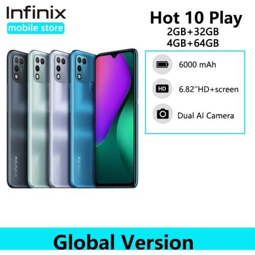 Global Version Infinix Hot 10 Play 6.82'' HD+ Display Smartphone 6000mAh Battery Helio G25 13MP AI Dual Rear Camera