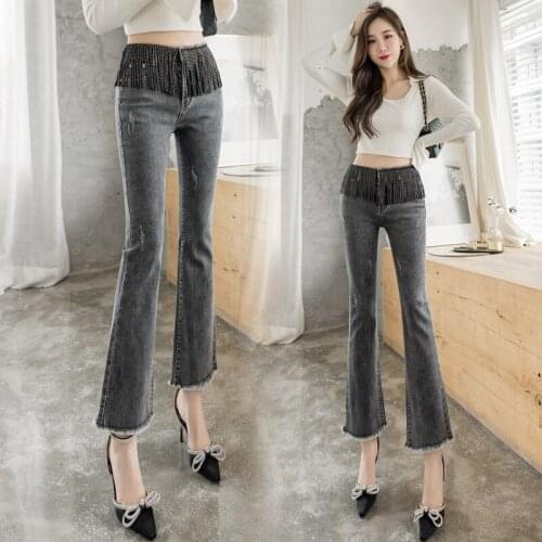 Traf Stretch Plus Size Women Denim Flare Pants Tassels Beading Skinny Jeans Womens Jeans High Waist Pants Mom Jean Femme 2021