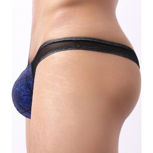 Gay Underwear Mens Sexy Transparent Mesh G-Strings Male Panties Men Exotic Sissy Leather Patchwork Penis Pocket Thong Jockstrap